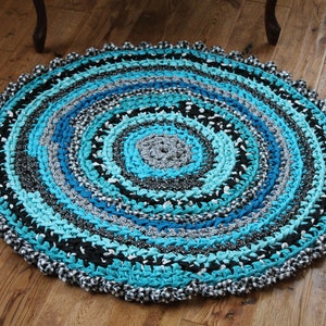 Rag Rug, Turquoise Rag Rug, 34 Crocheted, Round Rag Rug, Cottage Decor ...