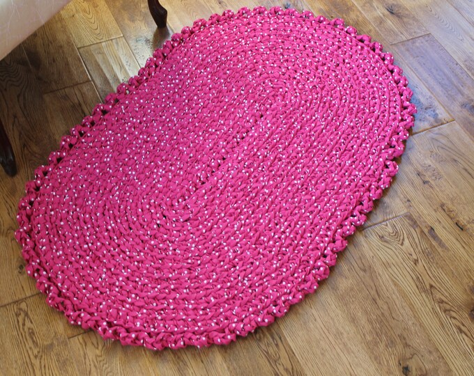 Pink Rag Rug, 42 X 27 Crocheted Oval Rag Rug, Nursery Rug, Cottage Chic