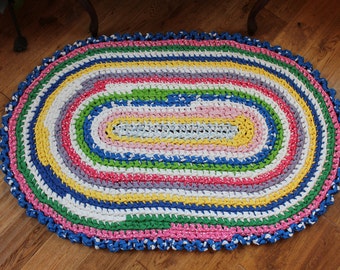 Rag Rug, Rainbow and White Rag Rug, 30" x 47" Crocheted Oval Rag Rug, Beach Home, Cottage Chic Decor, Shabby Chic Decor, Crochet Rag Rug