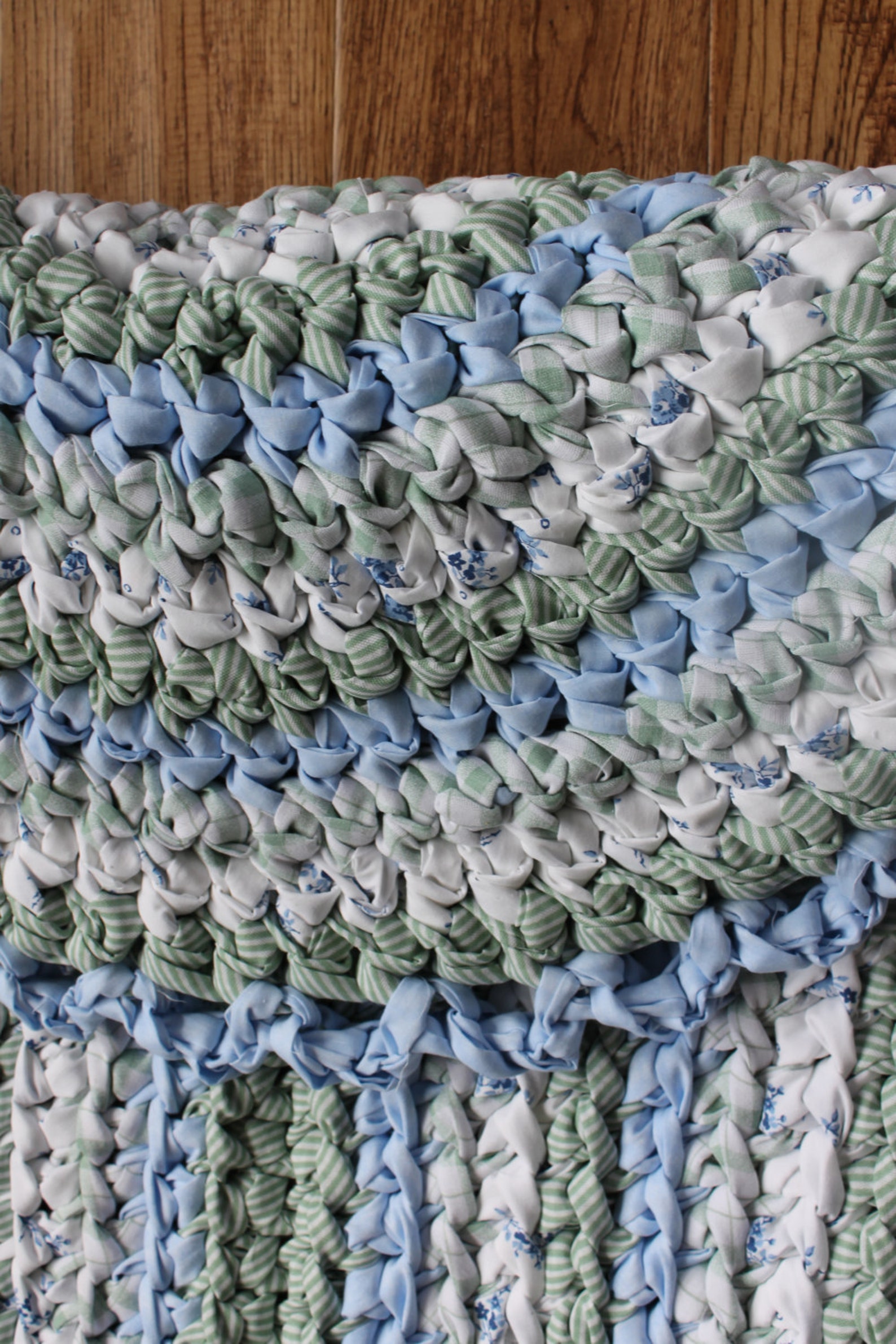 Rag Rug Blue Green and White 28 X 45 Crocheted Etsy