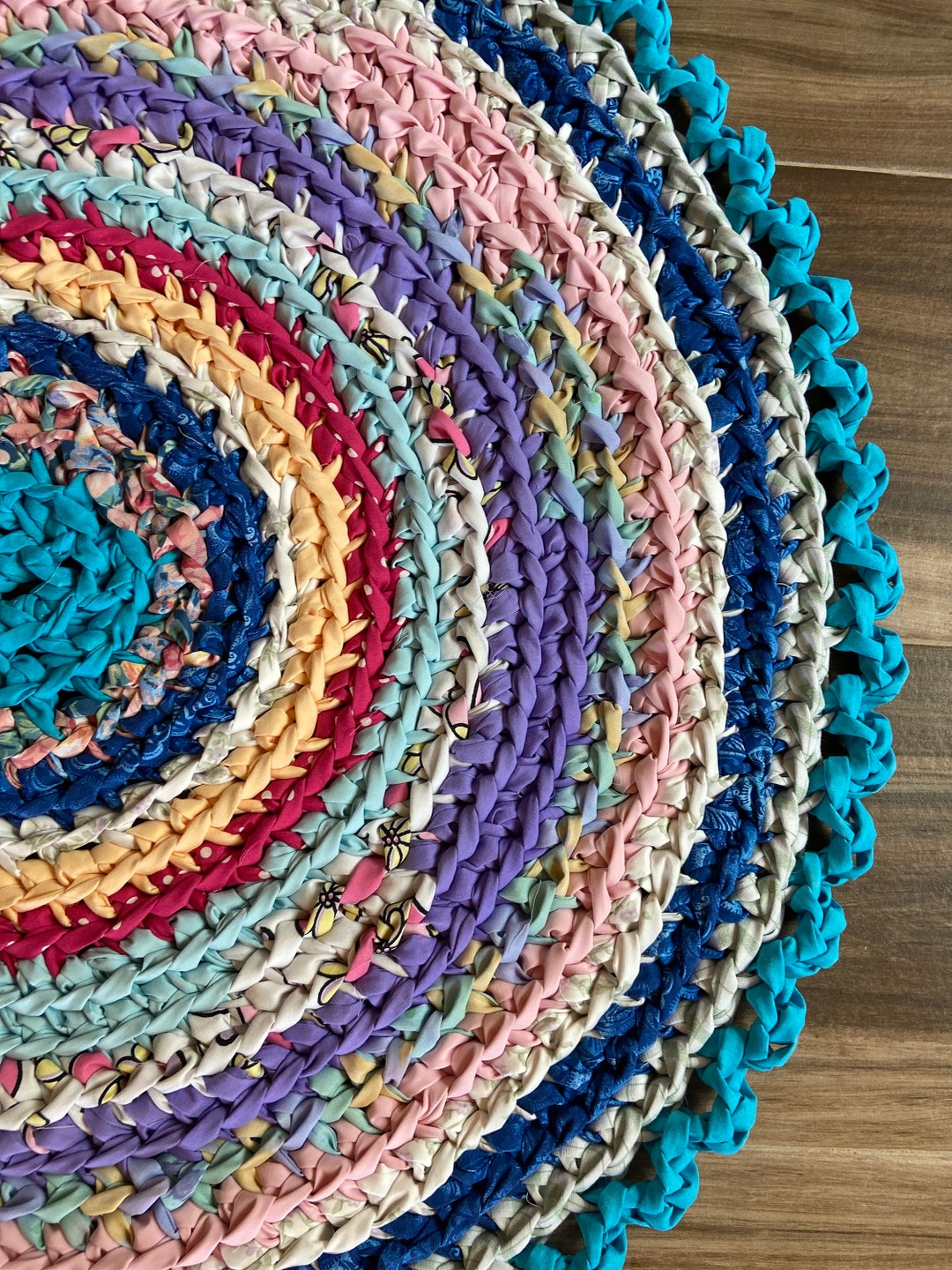 Rag Rug, Blue 32 Crocheted Round Rag Rug, Nursery Rug, Recycled Fabric