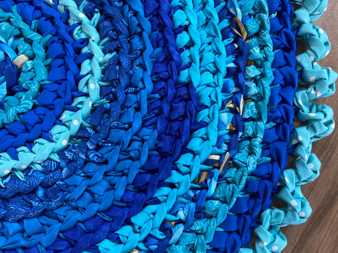 Rag Rug, Blues and Turquoise 25 X 42 Crocheted Oval Rag Rug, Cottage