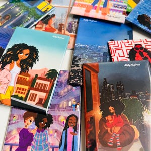 May include: A set of colorful magnets featuring illustrations of people and cityscapes. The magnets are rectangular and have a glossy finish. The illustrations are vibrant and detailed, with a focus on diversity and representation.