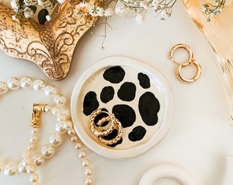 Birthday Gift Anniversary Gift Personalised Cow Print Ring Dish Black Splatter Jewellery Trinket Dish
