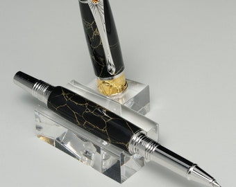 Art Deco Rollerball Pen plated with durable black titanium nitride & 22kt Gold plating in Black with Gold Matrix Tru-stone