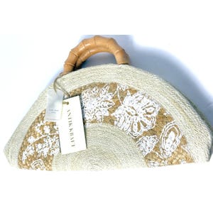 Bolso de mano de paja tejida a mano ANTIK KRAFT con asa de bambú, estilo bohemio chic, nuevo en su tipo