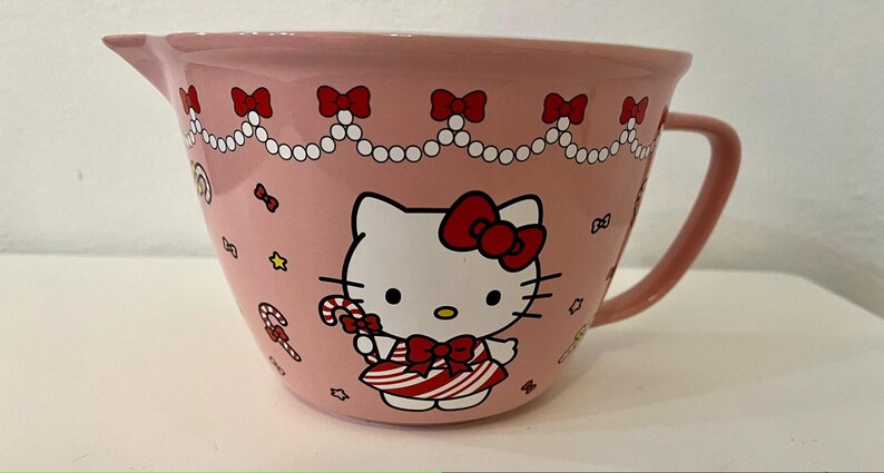 Hello Kitty Mixing Bowl Pink Ceramic Holiday Candy Cane Red Bows- Holiday