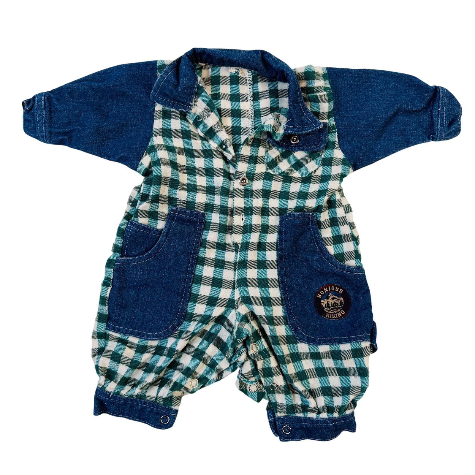 Vintage Baby Boy Romper 6-12 Months – Gingham Check Overalls with Denim Sleeves & Pockets, Bonjour Hiking Patch, Unisex Retro Outfit