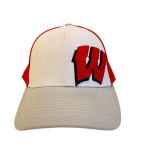 Wisconsin Badgers Baseball Hat W Logo Red White Grey Fitted One-Fit Stretch NCAA
