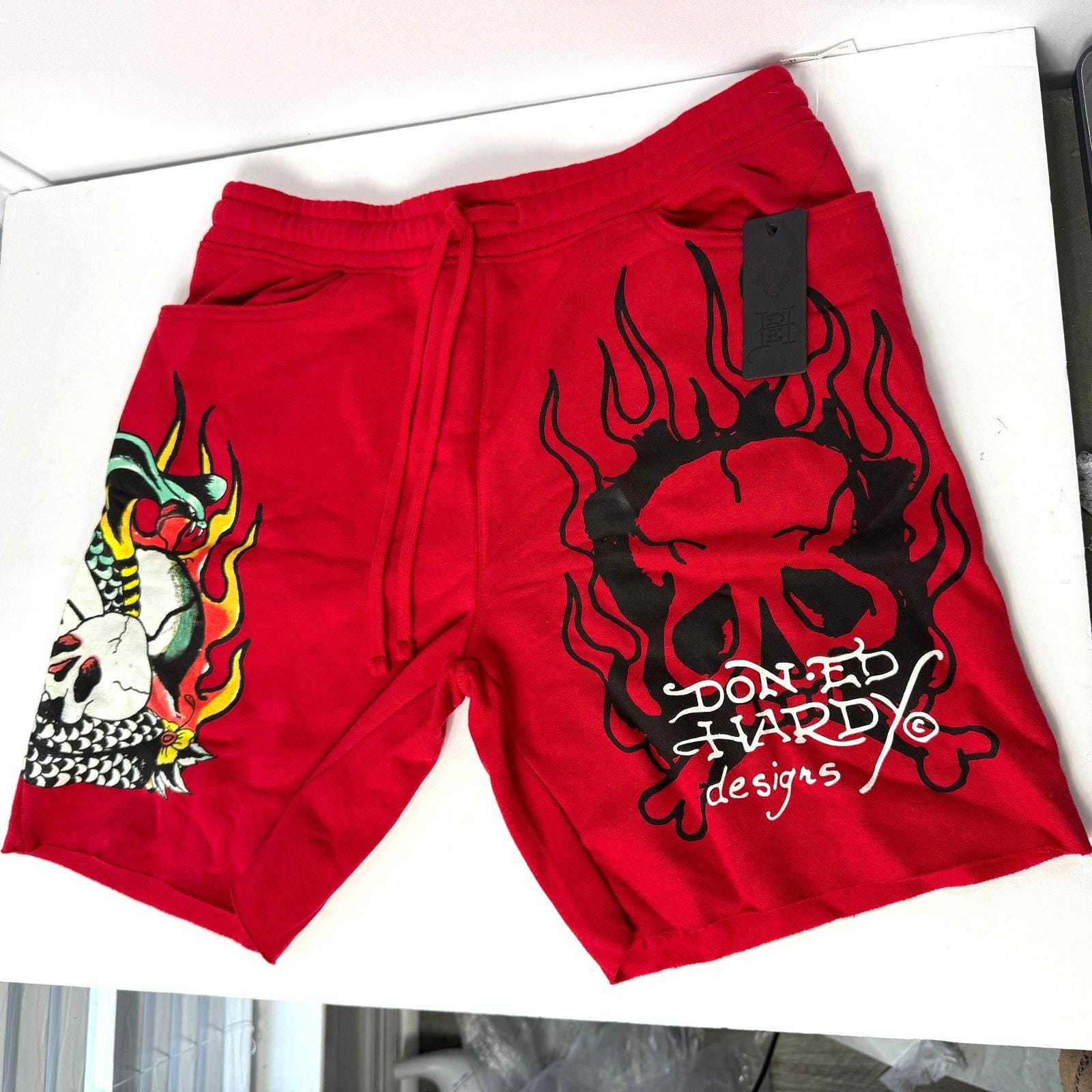 Ed Hardy Tattoo Graphic Skull Shorts Men's Large Red Graphic Streetwear NWT