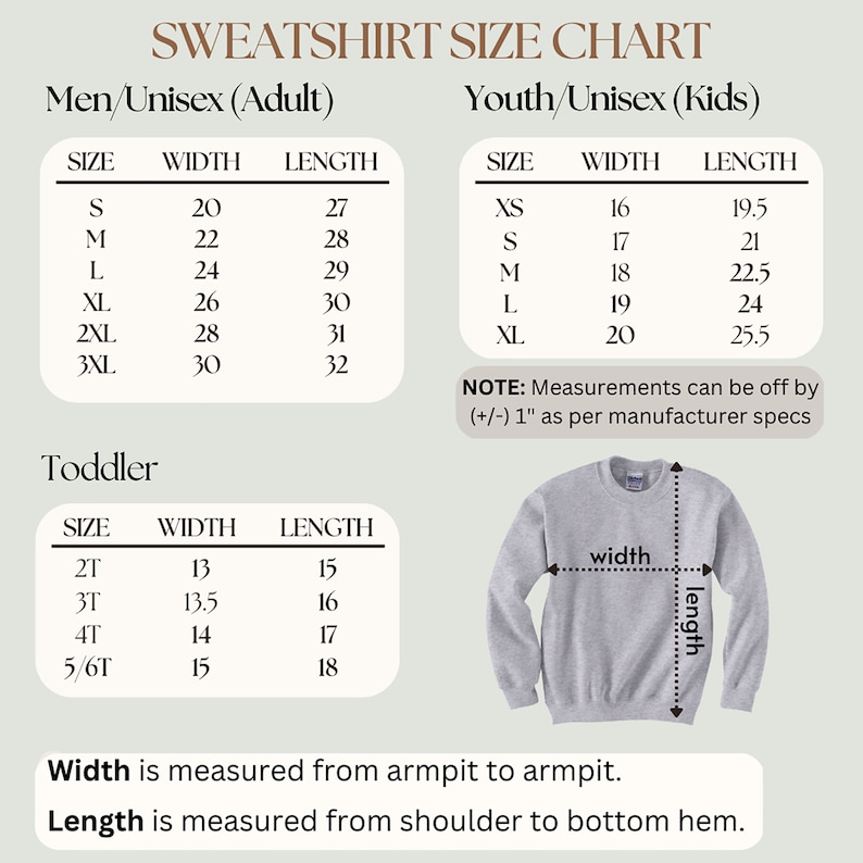 May include: A size chart for sweatshirts in men's, women's, youth, and toddler sizes. The chart shows the width and length measurements in inches for each size. The chart also includes a note that measurements can be off by +/- 1 inch.