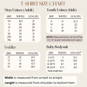 May include: T-shirt size chart for men, women, youth, and toddlers. The chart shows sizes and corresponding width and length measurements in inches.  Note: Measurements can be off by +/- 1 inch.
