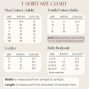 May include: T-shirt size chart for men, women, youth, and toddlers. The chart shows sizes and corresponding width and length measurements in inches.  Note: Measurements can be off by +/- 1 inch.