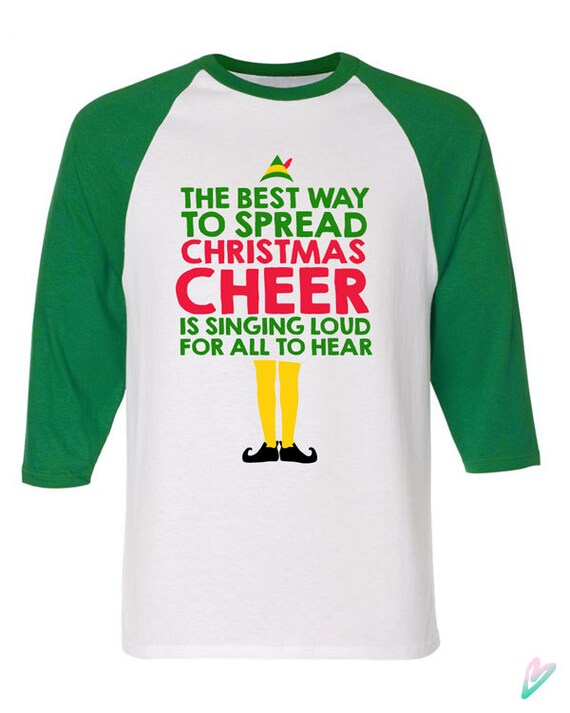 CHRISTMAS CHEER Raglan 3//4 baseball T-shirt singing loud Elf buddy holiday tee