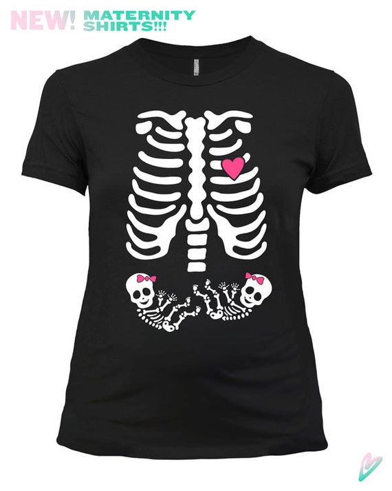 Twins Pregnant Skeleton Halloween Costume T-Shirt Top