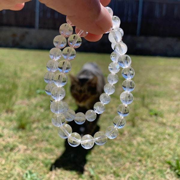 Rare Angel’s Ladder Quartz Stretchy Bracelet. 7”. Blue Feather Needle Rutilated Quartz.