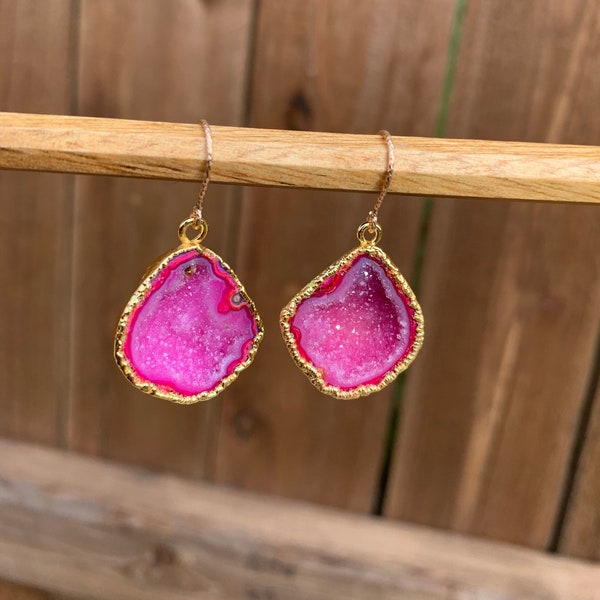 Small Red Geode Earrings. Gold Plated Druzy Geode with 14K Gold Filled Sparkly Ear Wire. Natural Crystal Earrings.