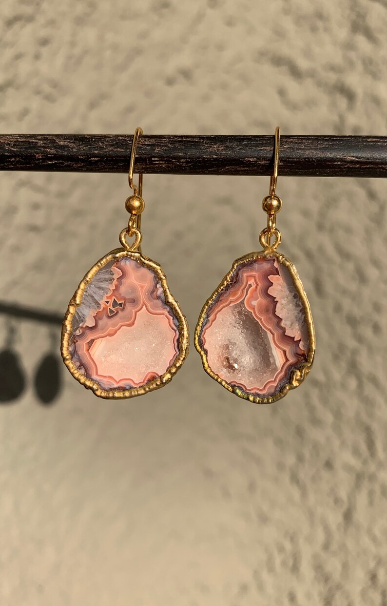 Natural Crystal Earrings. Coral Beige Geode Earrings 24K Gold Plated Druzy Agate Geode with Gold Plated Ear Wire