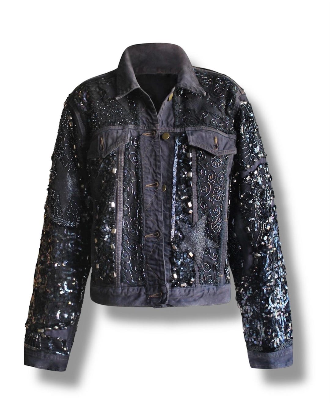 Reworked Denim Jacket / Upcycling Embroidered Jacket/ Black Jean Jacket ...