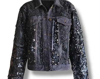 Reworked Denim Jacket / Upcycling embroidered Jacket/ Black Jean Jacket / Medium