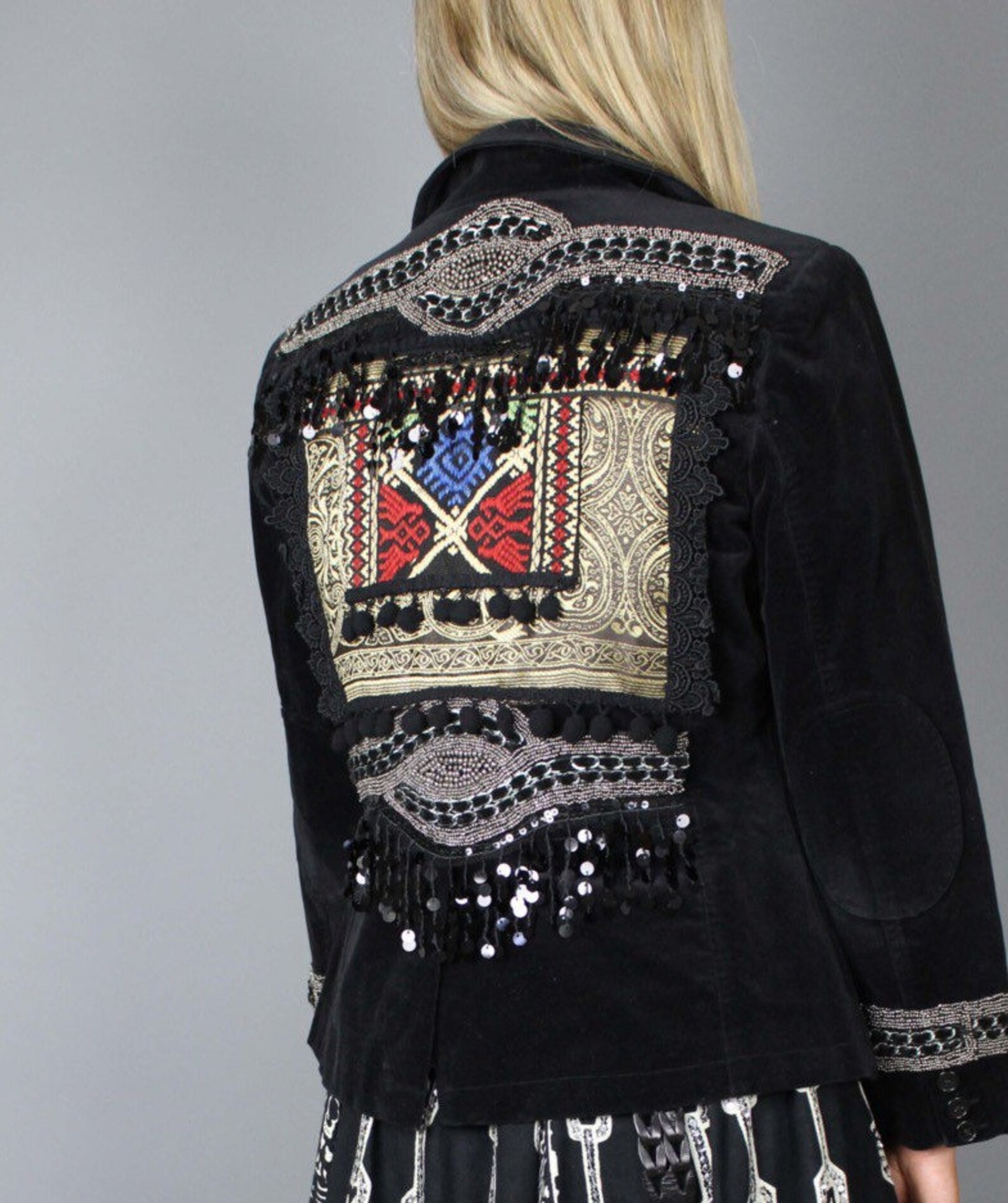 Reworked Embroidered Black Velvet Jacket / Upcycling Jacket / Handmade Embroidery Jacket