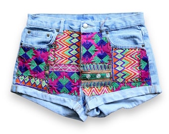 Reworked Denim shorts / embroidered Patched Jean shorts  / Medium