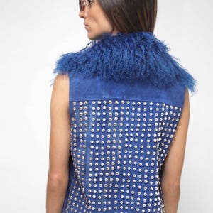Vintage 1970s Hippie Boho Leather Vest/ Royal Blue Leather Vest/ embroidery Woman Leather Vest/ SMALL image 3