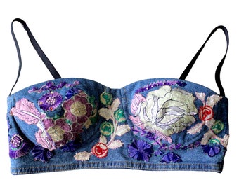 Handmade Denim Bra top / Upcycled jeans Vintage embroidered top / Large