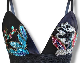 Embroidered Beaded Top / Black Satin Stretch / Adjustable Strap / SMALL