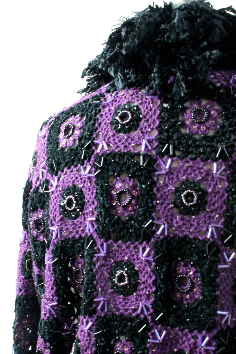 Purple Crochet Sweater Vintage Crochet Sweater embroidered Sweater Open Sweater Jacket Large