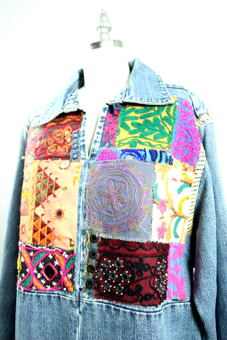 Upcycled Tunic Denim Jacket / Vintage Embroidered Patchwork / | Etsy