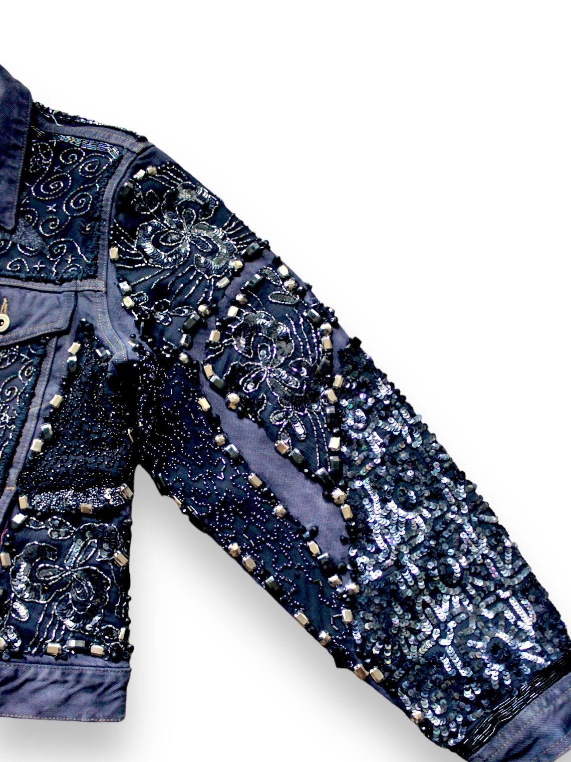 Reworked Denim Jacket / Upcycling Embroidered Jacket/ Black Jean Jacket ...