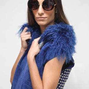 Vintage 1970s Hippie Boho Leather Vest/ Royal Blue Leather Vest/ embroidery Woman Leather Vest/ SMALL image 1