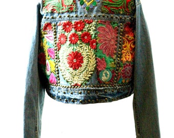 Reworked Denim Jacket / embroidered Jacket/ Vintage embroidered Denim Jacket / Large