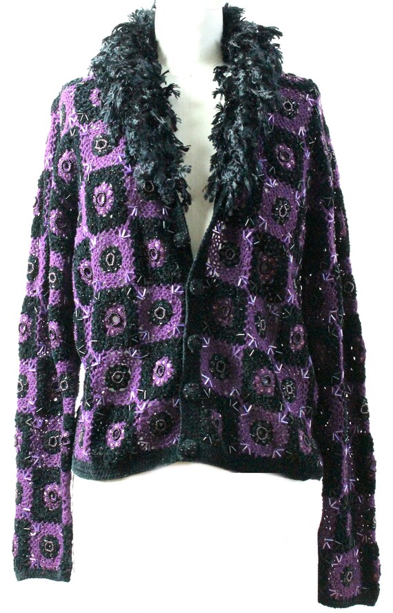 Purple Crochet Sweater/ Vintage Crochet Sweater /