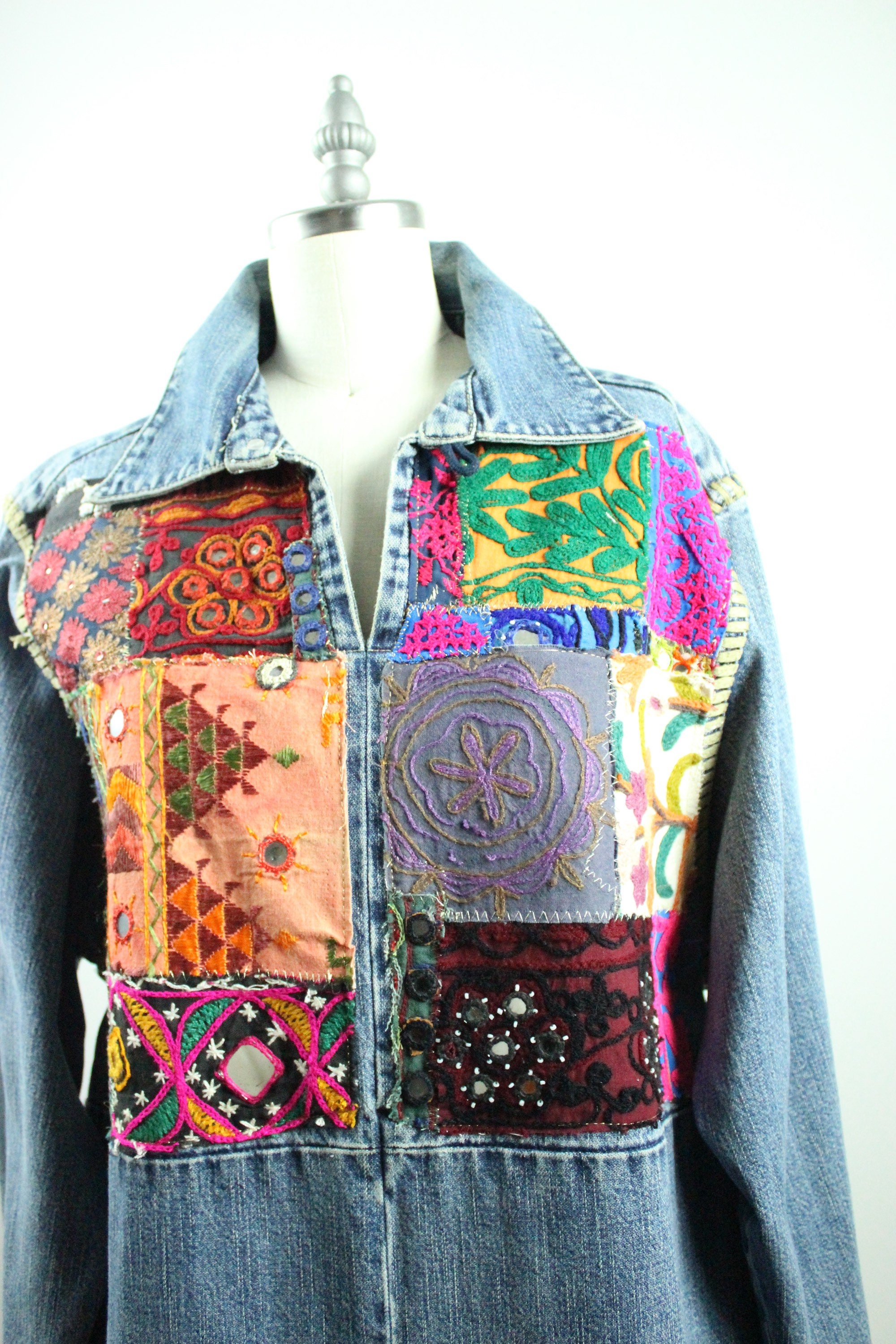 Upcycled Tunic Denim Jacket / Vintage Embroidered Patchwork / | Etsy