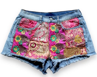 Reworked Stretched Denim shorts / embroidered Patched Jean shorts  / Medium