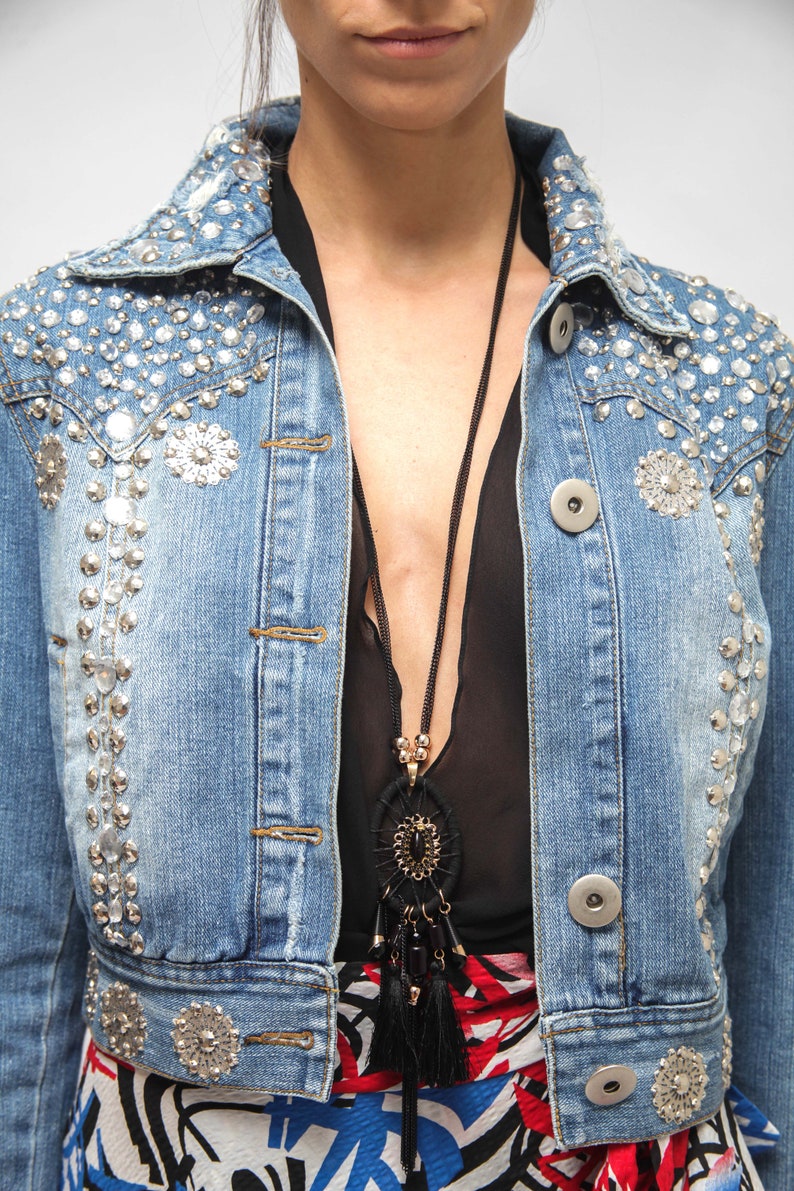 Boho noche Rhinestone chaqueta de Jean / bordado piedras Denim Etsy