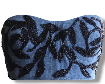 Embroidered Denim Corset Top / Upcycled jeans Vintage embroidered top / Small