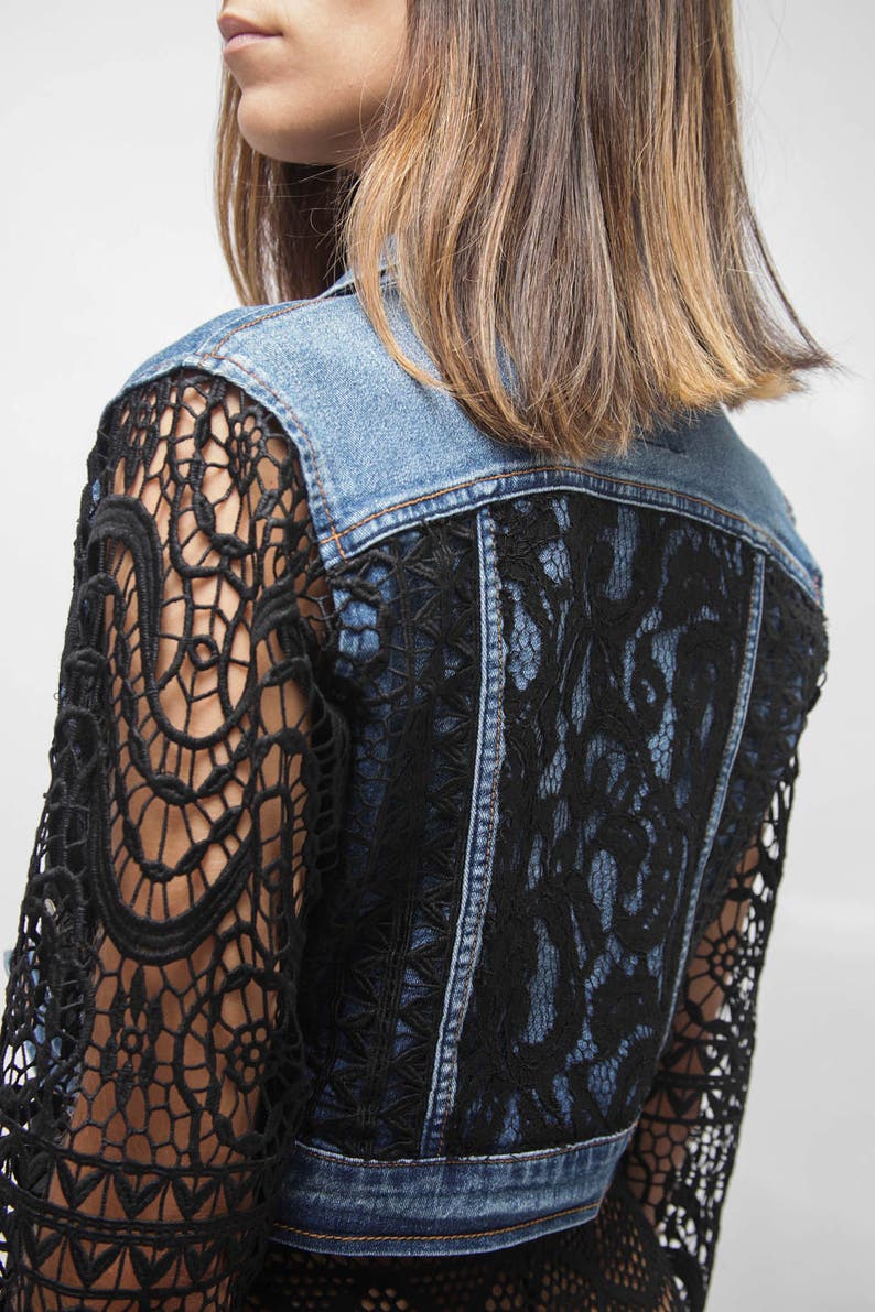 Cropped BOHO Denim Jacket Black lace Cover / Lace appliques / | Etsy
