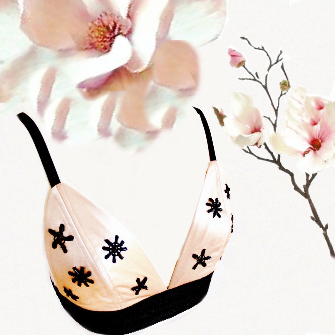 Top Bra / Rose Satin Stretch / Handmade Embroidery Aplique/ Summer ...