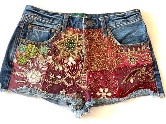 Upcycled Denim Cutoff Shorts / Frayed Embroidery Vintage Denim | Etsy