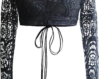 Upcycled Vegan Leather Cropped Top/ Embroidered Lace Cropped top / Small / Handmade