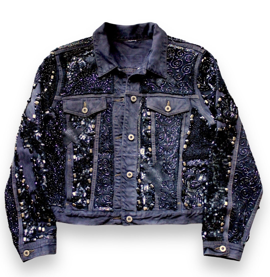 Reworked Denim Jacket / Upcycling Embroidered Jacket/ Black Jean Jacket ...