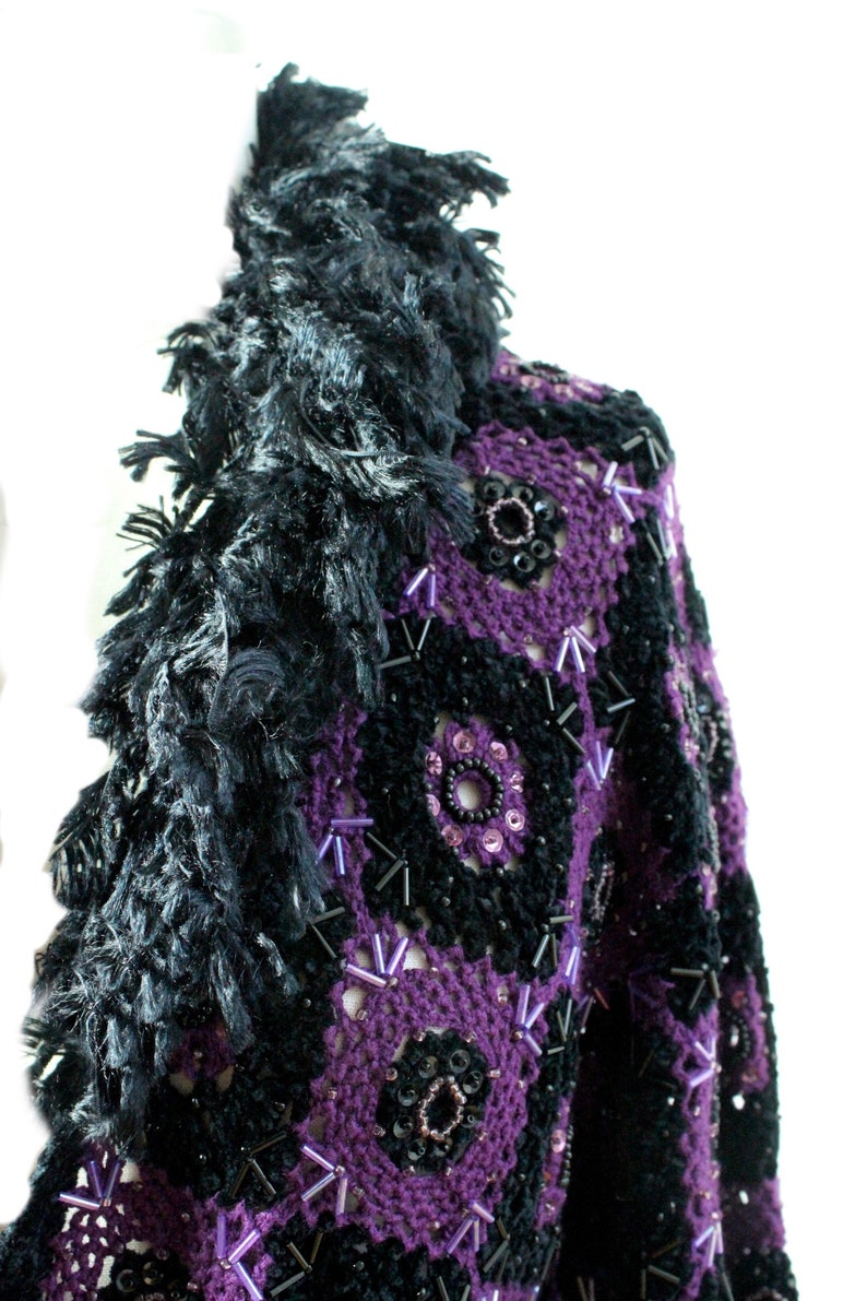 Purple Crochet Sweater Vintage Crochet Sweater embroidered Sweater Open Sweater Jacket Large