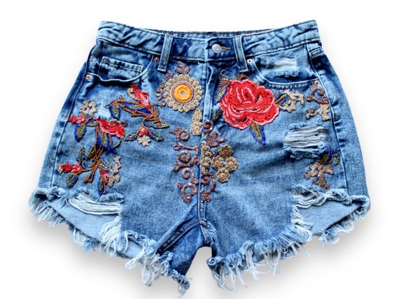 Denim cutoff shorts / Embroidered  denim shorts  … - image 1