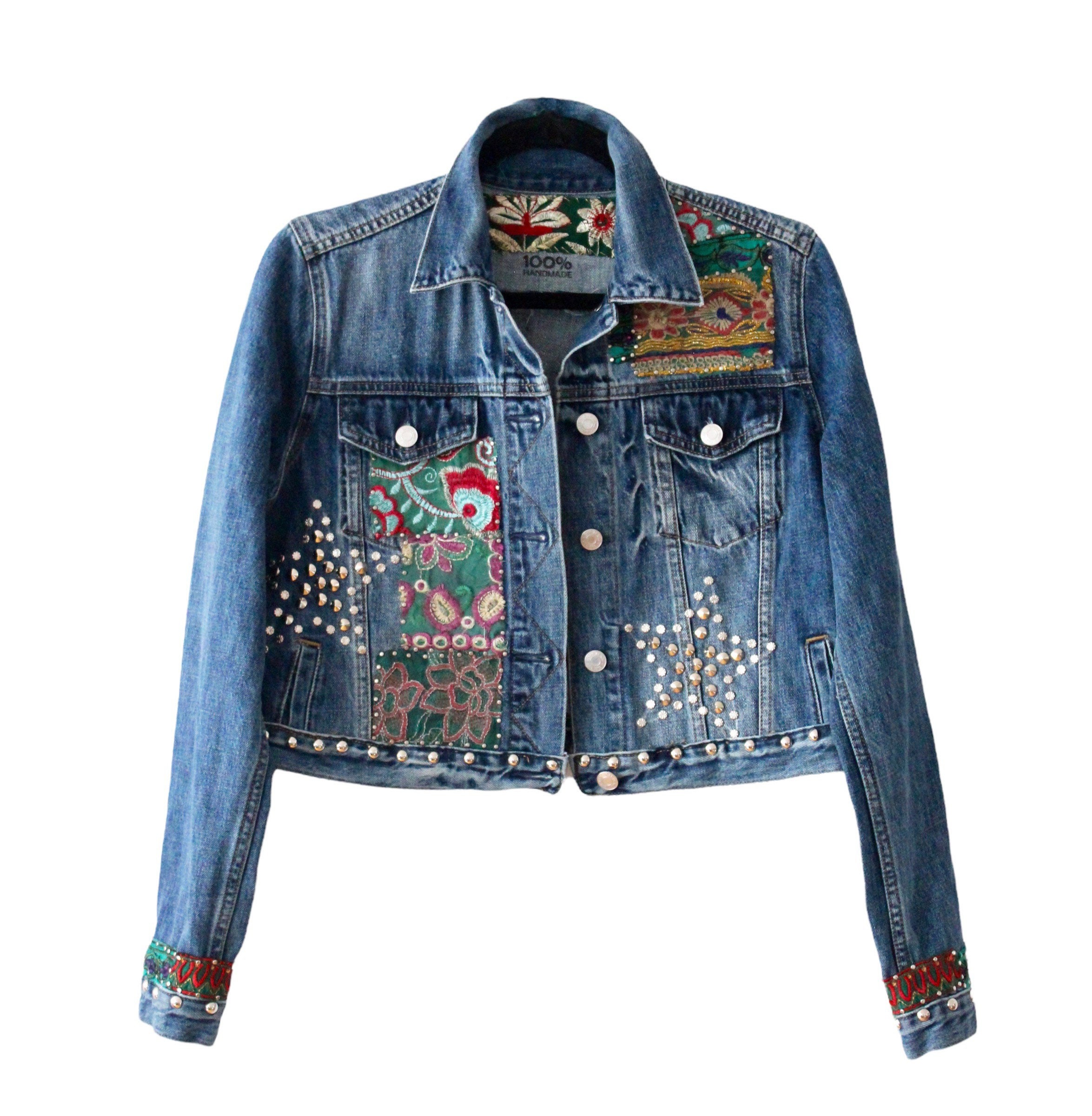 VINTAGE REWORKED DENIM JACKET WITH FLOWER EMBROIDERY