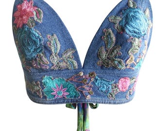 Jeans Bralette Top / Reworked Vintage Denim / Upcycling Denim / Handmade embroidery Aplique/ Summer Festival / Medium