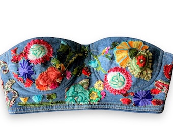 Handmade Denim Bra top / Upcycled jeans Vintage embroidered top / Large