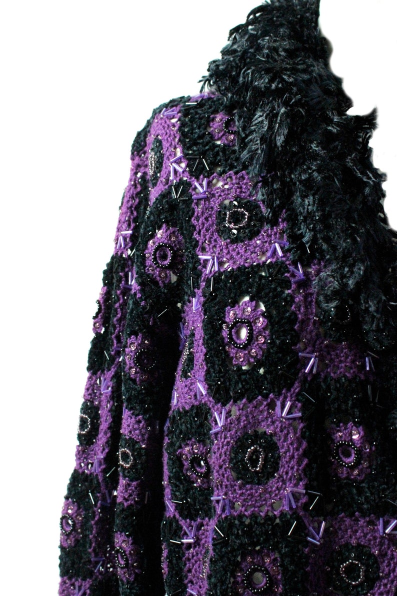 Purple Crochet Sweater Vintage Crochet Sweater embroidered Sweater Open Sweater Jacket Large